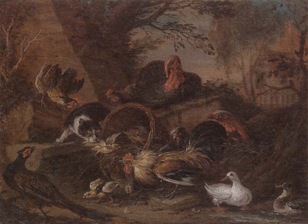 unknow artist Still life of fowl in a farmyard,with a cat stealing a bantam chick